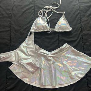 3 Piece Metallic Silver Bikini Swimsuit with Skirt